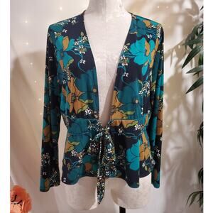 Susan Graver Liquid Knit Floral Babydoll Tie Front Shrug Top Sz M Career Travel